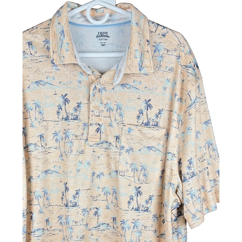 IZOD Saltwater Polo Shirt Men 2XLT Big Tall Yellow Tropical Palm Tree Beach Golf